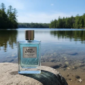 Crisp aquatic fragrance bottle near a lake, representing fresh cologne under $50 for the Canadian outdoors.
