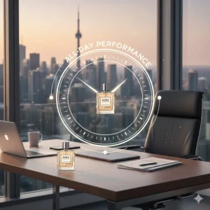 Graphic showing a clock and a bottle of cologne, emphasizing long lasting fresh scent performance for the Canadian professional.