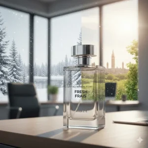 A visual representation of a versatile men's fragrance suitable for both cold Canadian winters and humid Ottawa summers in an office environment.