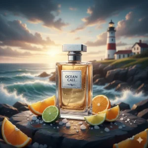 A refreshing illustration of sea salt and citrus notes near a Nova Scotia lighthouse, perfect for fresh fragrances for men.