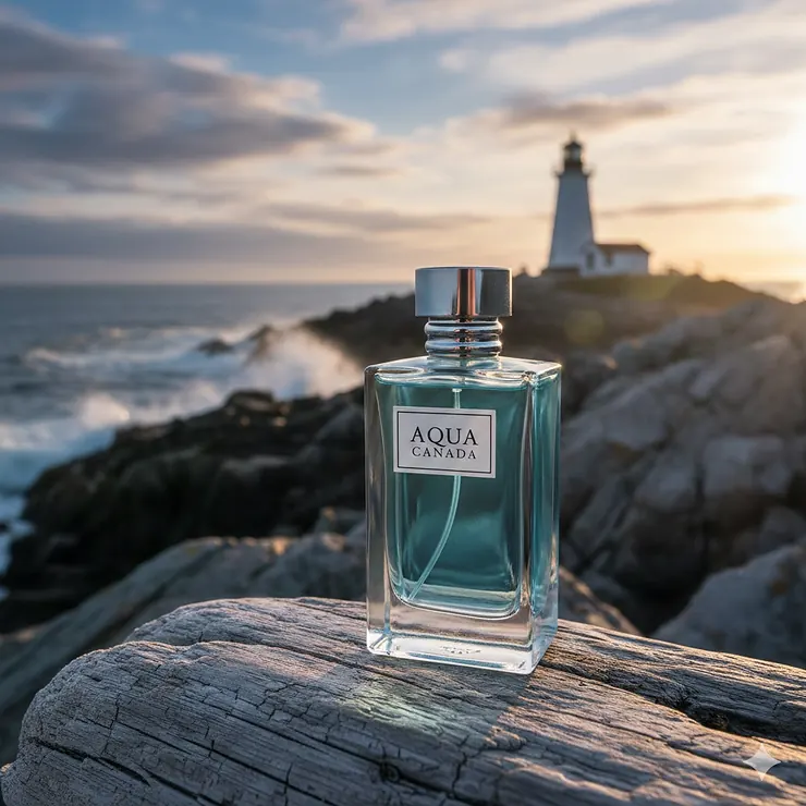 A premium bottle of aquatic cologne for men set against a backdrop of the rugged Nova Scotia coastline.