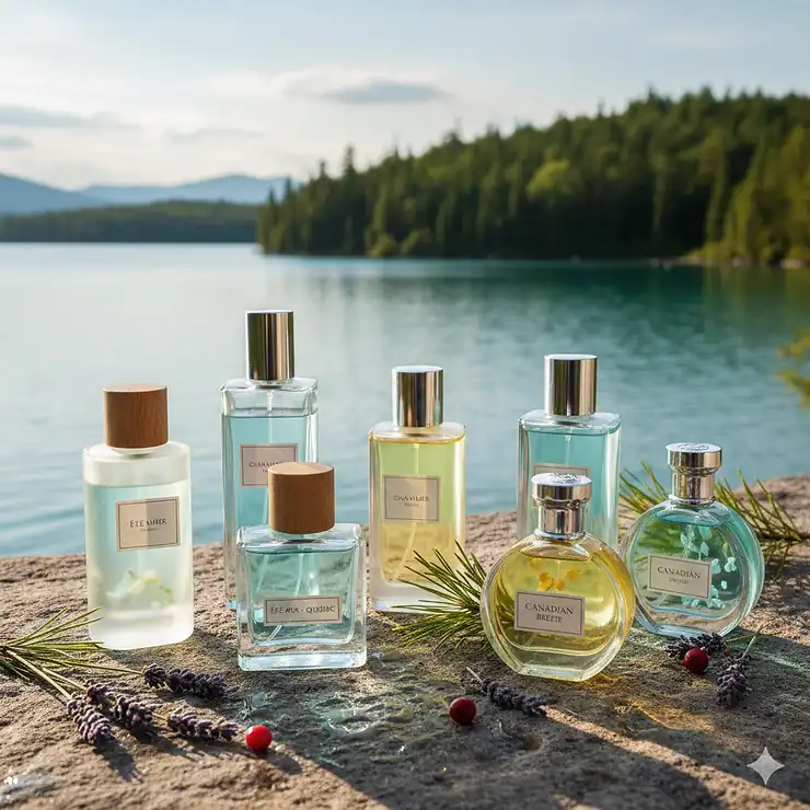 A collection of summer fresh fragrances displayed on a limestone ledge overlooking a bright Canadian lakeside view.