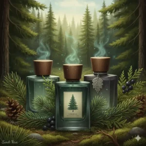 Illustration of cedar and pine needles representing fresh cologne gifts for him inspired by the Canadian wilderness.