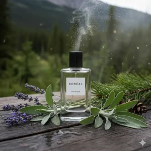Detailed drawing of cologne ingredients like lavender, sage, and pine needles found in the Canadian wilderness.