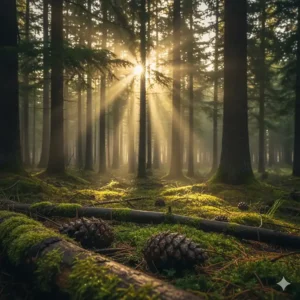 Artistic rendering of a Canadian pine forest representing the earthy notes of a fresh masculine fragrance.