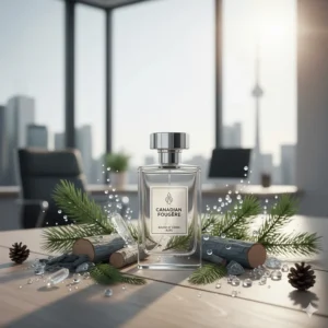 Flat lay illustration of balsam fir and aquatic notes, showcasing natural ingredients in a fresh office cologne for men.