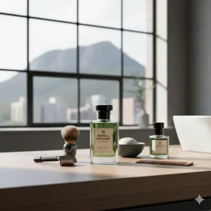 An illustration of a modern bathroom in Toronto or Montreal featuring a bottle of fougère cologne as part of a daily grooming kit.