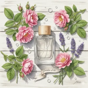 Flat lay illustration of a perfume bottle surrounded by wild roses and lavender, popular summer fresh fragrances in Ontario gardens.