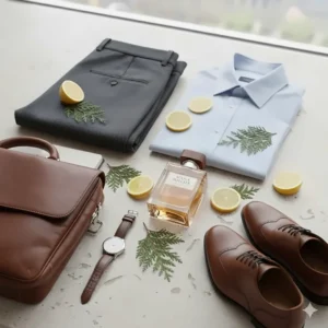 A flat-lay illustration of a men's professional outfit including a watch, leather bag, and a bottle of citrus cologne for the Canadian workplace.
