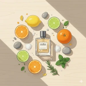Flat lay illustration of citrus fruits and sea salt, depicting the ingredients of a long lasting fresh cologne for men.