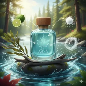 Visual breakdown of scent notes including bergamot, kelp, and driftwood for a Canadian aquatic cologne.
