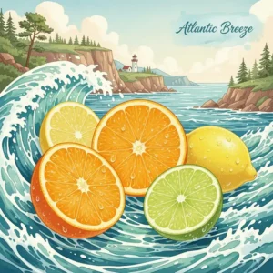 Stylized illustration of citrus fruits and ocean waves representing summer fresh fragrances for coastal Atlantic Canada.