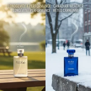 A graphic showing how Bleu de Chanel performs in cold Canadian winters compared to Acqua di Gio in summer heat.