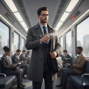 Illustration of a man on a GO Train or Metro, emphasizing a long-lasting, fresh office cologne that survives the Canadian commute.