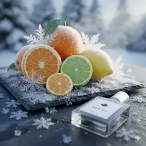 An illustration of frozen citrus fruits and ice crystals, showcasing fresh fragrance profiles that cut through the Canadian cold.