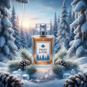 An artistic depiction of frosted pine needles and ice, representing the cooling notes of top fresh fragrances for men in Canada.