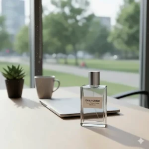 Minimalist office desk with a bottle of fresh cologne under $50, perfect for everyday wear in Canada.