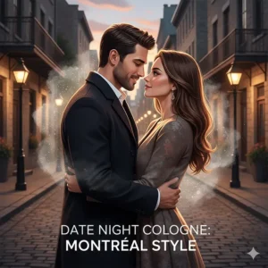 A romantic illustration of a couple in Old Montreal highlighting the best fresh cologne for dates in Quebec.