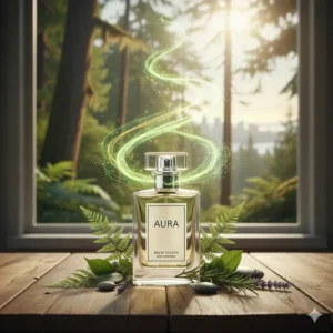 Sustainable fragrance illustration with green leaves, focusing on natural long lasting fresh cologne for men in Canada.