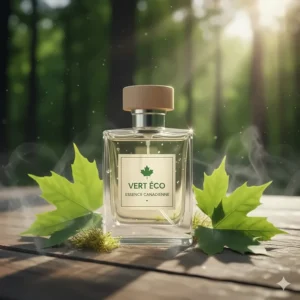 Illustration of a refillable glass cologne bottle surrounded by green maple leaves, focusing on sustainable luxury scents in Canada.