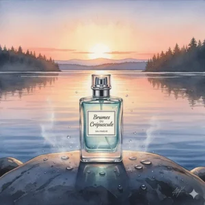 Soft-toned illustration of a crisp, aquatic cologne bottle reflecting the light of a late Canadian summer sunset.