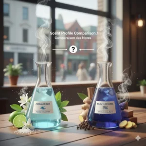 An infographic comparing the aquatic notes of Acqua di Gio vs the woody incense of Bleu de Chanel for Canadian shoppers.