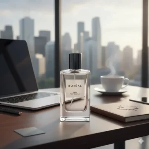 A professional setting in a Canadian city like Calgary or Ottawa, featuring a bottle of fresh cologne as a daily grooming essential.