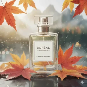 A sleek fragrance bottle framed by vibrant red maple leaves, highlighting scents that complement the crisp Canadian fall air.