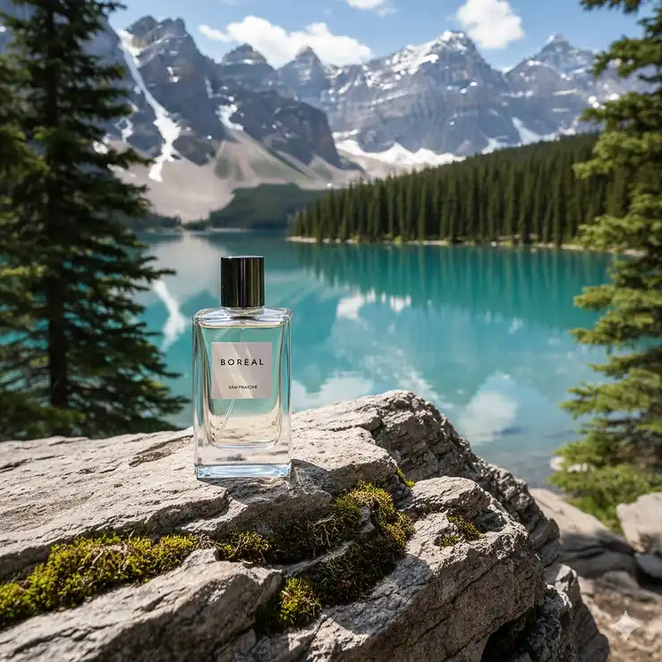 A bottle of fresh cologne for Canadian weather sitting on a natural stone ledge with a turquoise glacial lake and pine trees in the background.