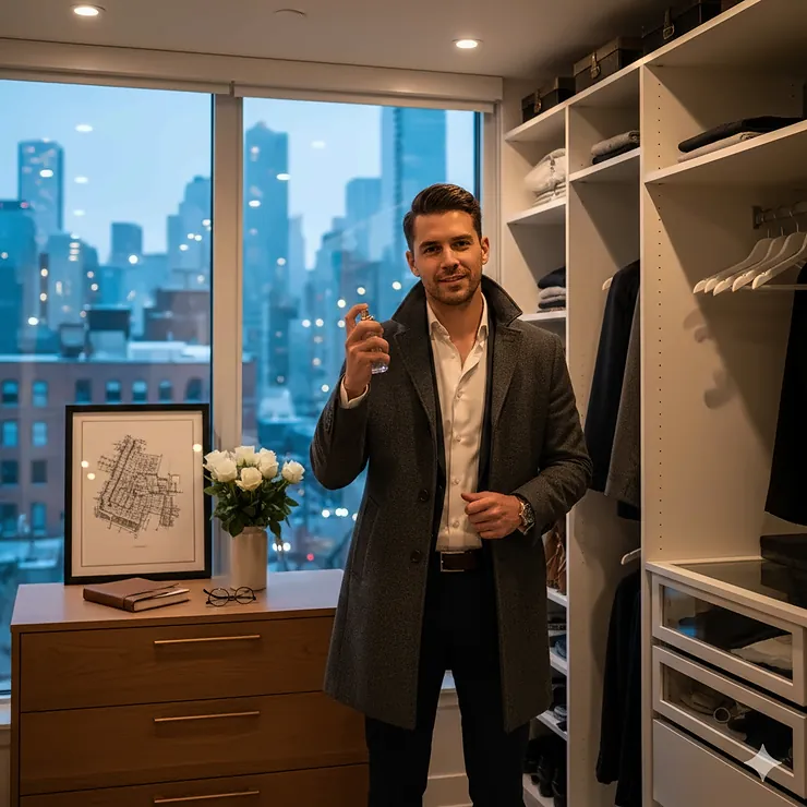 A well-dressed man in a stylish coat applying fresh cologne for a date in a modern Canadian urban setting.