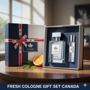 An illustration of a premium cologne gift set with bilingual English and French "Eau de Toilette" labeling.