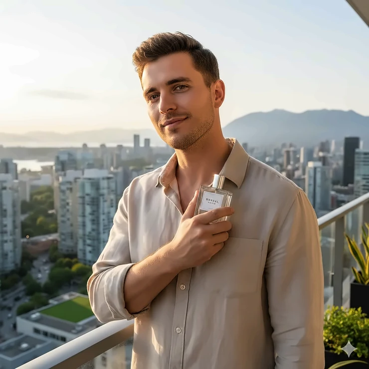 A young man applying a fresh cologne for young men during a bright morning in a Canadian city, featuring a sleek bottle design.