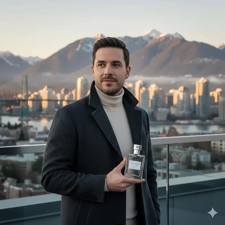 A sophisticated man in a charcoal wool coat standing against the Vancouver skyline, featuring a bottle of fresh fragrance for men. vanilla candles Canada