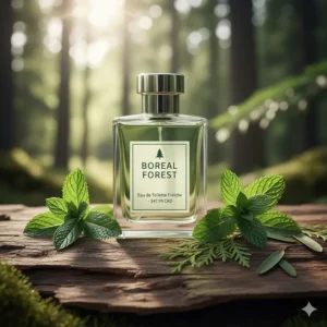 Artistic layout of mint leaves and Canadian cedarwood next to a fresh cologne under $50.