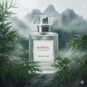 Minimalist illustration of a cologne bottle surrounded by damp cedar branches and misty mountains, ideal for the rainy Canadian spring.