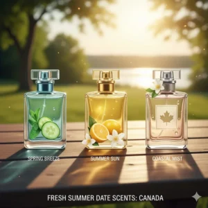 A visual guide showing lightweight, fresh cologne bottles perfect for Canadian summer date nights.