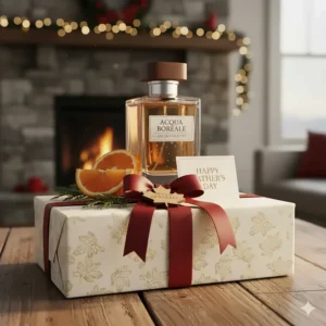 A gift-wrapped box with a maple leaf tag, showcasing citrus cologne for men as a perfect Canadian Father's Day or holiday gift.
