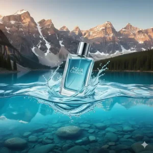 Blue-toned illustration of a refreshing aquatic fragrance bottle floating above a turquoise Canadian glacial lake.