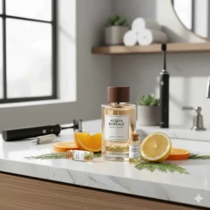 Minimalist illustration of a bathroom vanity with a focus on a high-end citrus cologne for men as part of a daily grooming routine.