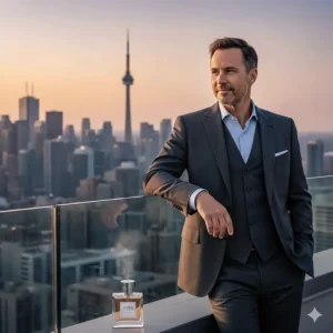 A confident man in a charcoal suit overlooking a Canadian skyline, wearing a long lasting fresh cologne for men.