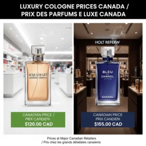 An illustration of the CAD price points for Acqua di Gio vs Bleu de Chanel at major Canadian beauty retailers.