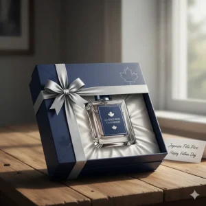 A luxury cologne box with a subtle maple leaf accent, perfect for Canadian Father's Day or holiday gift-giving.