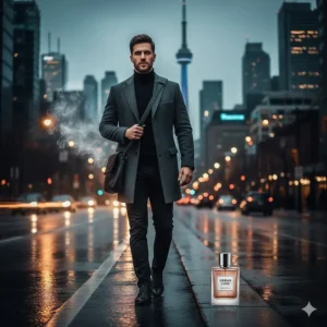 A stylish man in a tailored coat walking through downtown Toronto, highlighting luxury fresh fragrances for urban professionals.
