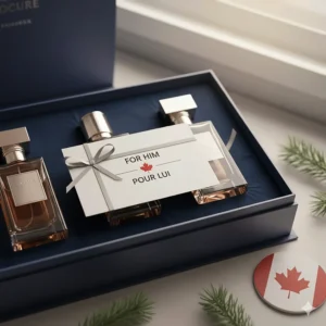 Close-up of a cologne gift box with a card reading "For Him" and "Pour Lui" to suit Canadian bilingual shoppers.
