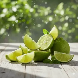 Stylized illustration of crisp lime and bergamot slices, key notes in green fresh cologne for men.