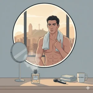 Minimalist illustration of a morning grooming routine featuring fresh cologne for men, perfect for a long day in Montreal.