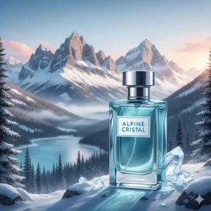 An illustration of a crisp blue cologne bottle set against the snow-capped Canadian Rockies, evoking fresh fragrances for men.
