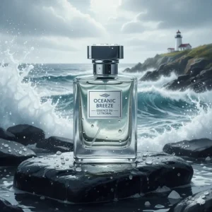 Artistic rendering of Atlantic waves and sea salt, representing aquatic and luxury fresh fragrances for men in Coastal Canada.