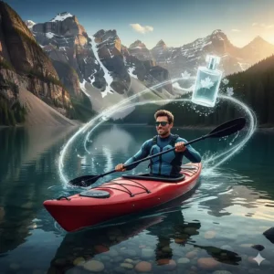 A Canadian man kayaking on a mountain lake, representing the active lifestyle of aquatic cologne wearers.