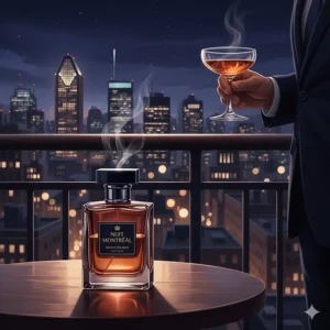 A sophisticated evening scene in Montreal featuring a bottle of luxury fresh fragrance for men, ideal for nightlife and formal events.